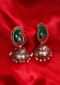 Copper jhumkas with cut work and emerald green bead in paisley motif only on kalki