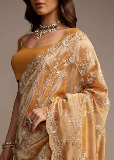 Copper Tissue Saree with Heavy Floral Embroidery