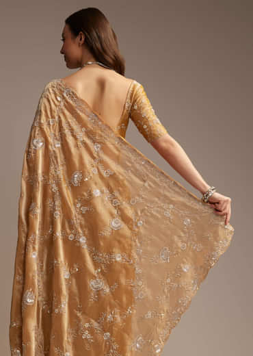 Copper Tissue Saree with Heavy Floral Embroidery