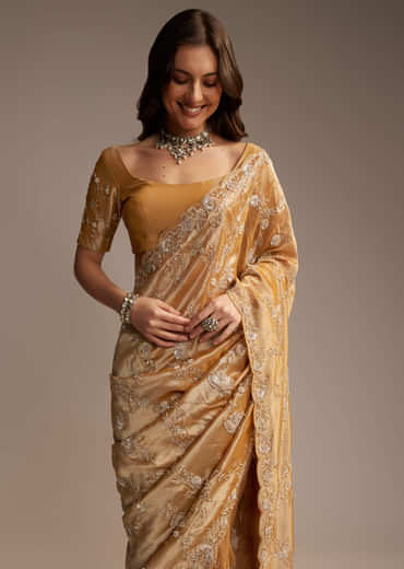 Copper Tissue Saree with Heavy Floral Embroidery