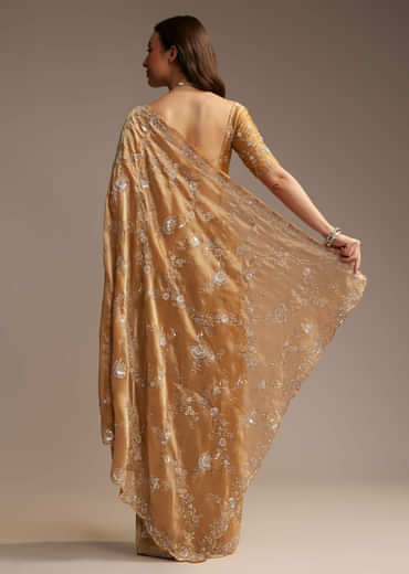 Copper Tissue Saree with Heavy Floral Embroidery