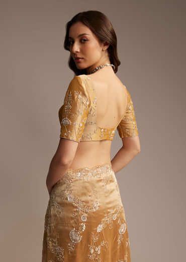 Copper Tissue Saree with Heavy Floral Embroidery