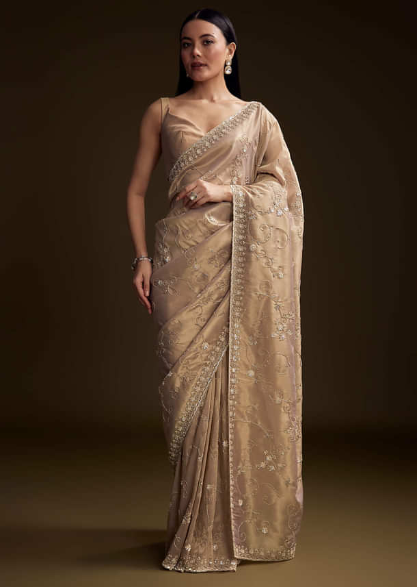 Copper Tissue Saree With Heavy Floral Hand Embroidery Copper Tissue Saree With Heavy Floral Hand Embroidery