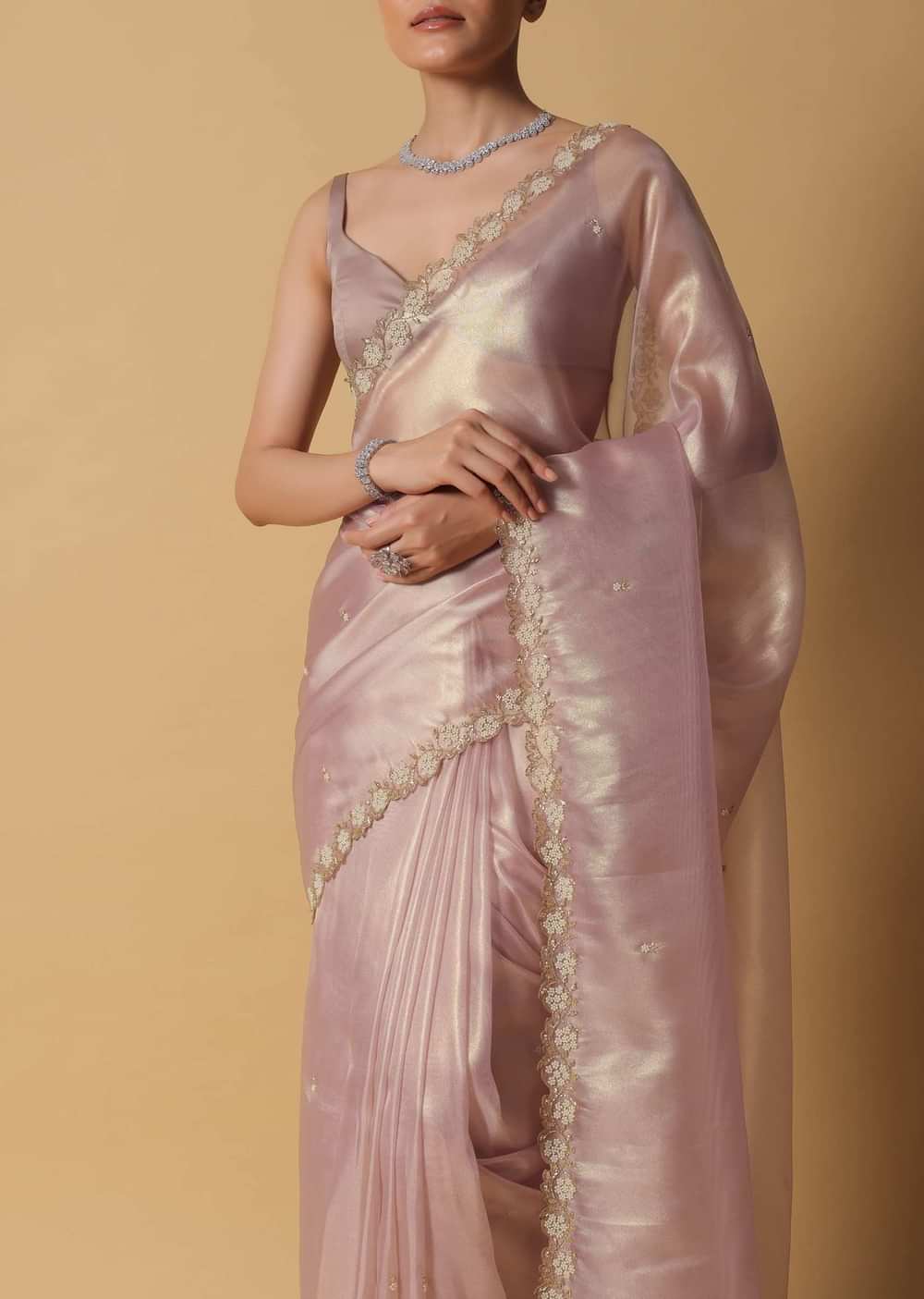 Copper Brown Foil Saree In Tissue With Cut Dana Embroidered Borders