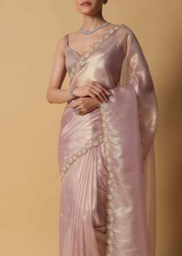 Copper Brown Foil Saree In Tissue With Cut Dana Embroidered Borders