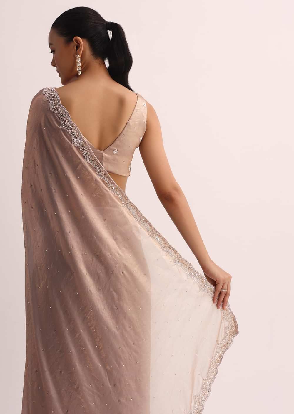 Copper Saree With Embroidered Border And Unstitched Blouse