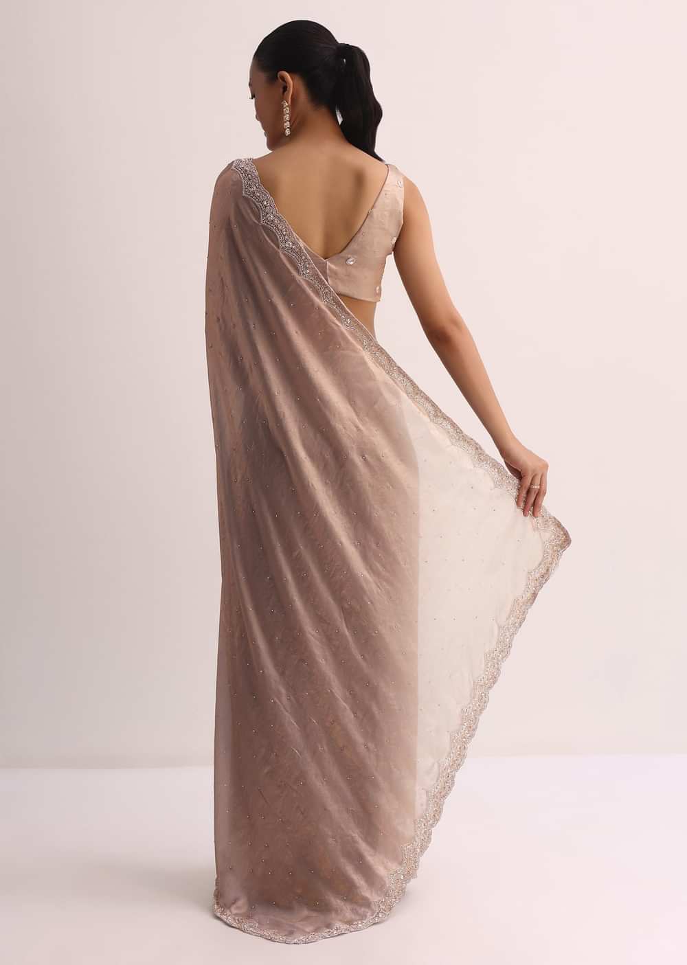 Copper Saree With Embroidered Border And Unstitched Blouse