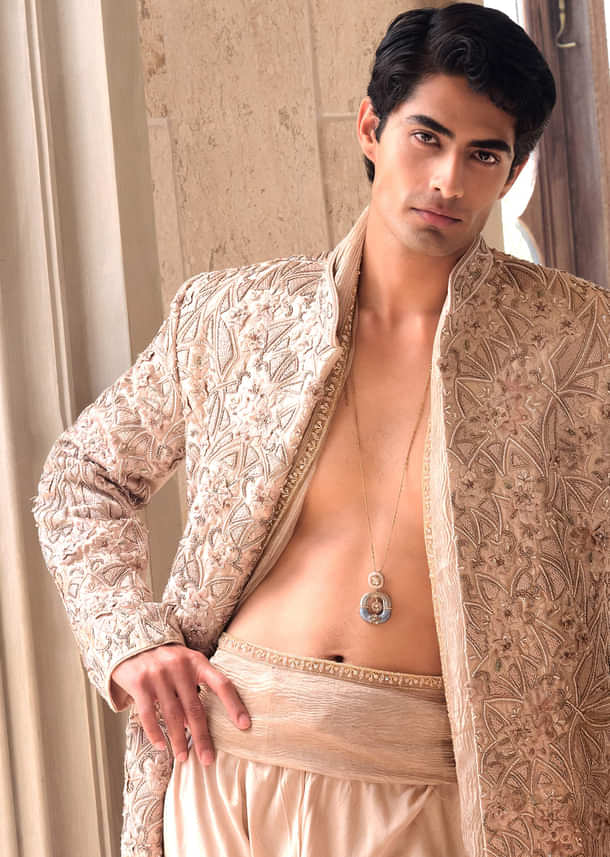 Copper Silk Sherwani For Groom With Floral And Geometric Embroidery