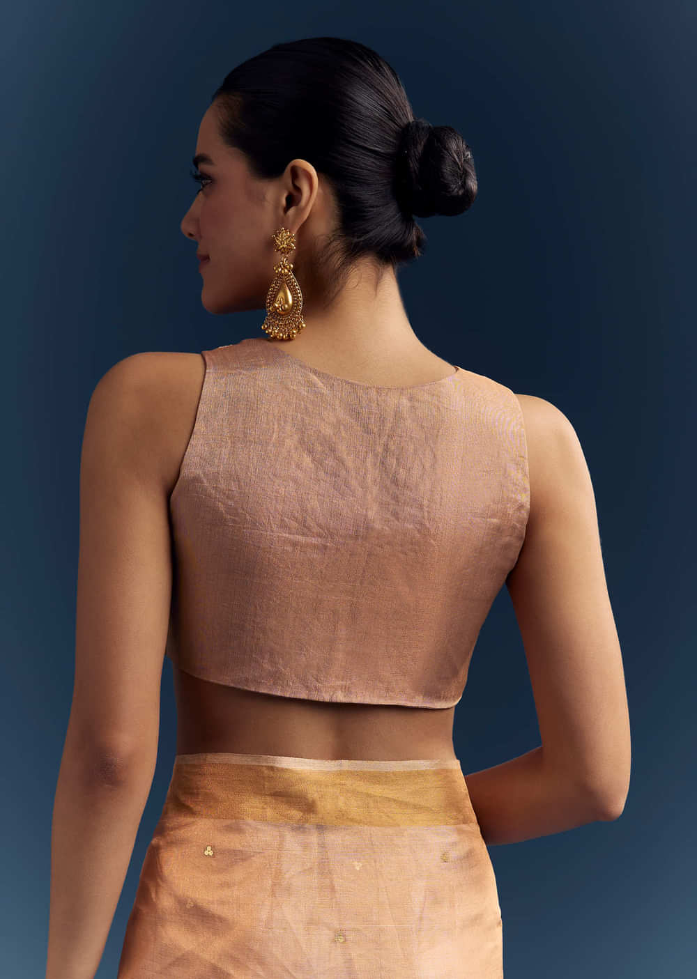 Copper Tissue Organza Woven Saree With Golden Zari Work