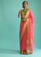 Coral Peach Saree In Linen With Golden Brocade Border And Striped Pallu Along With Green Unstitched Blouse Online - Kalki Fashion