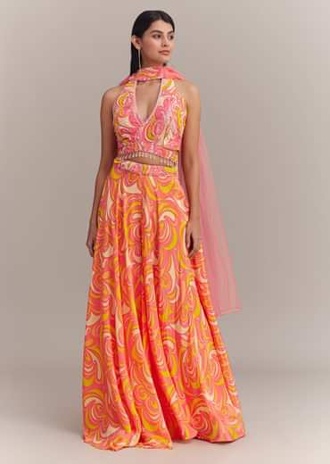 Coral Pink Crepe Abstract Printed Embroidered Palazzo Set
