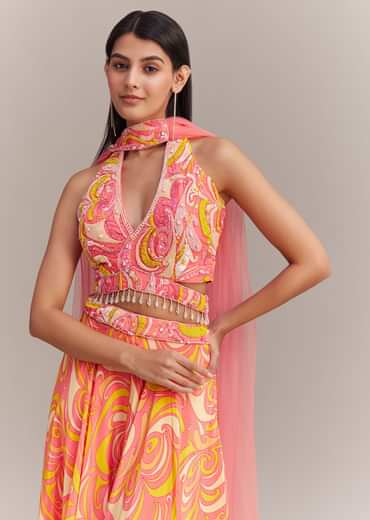 Coral Pink Crepe Abstract Printed Embroidered Palazzo Set