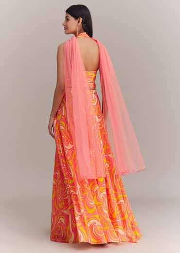 Coral Pink Crepe Abstract Printed Embroidered Palazzo Set