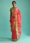 Coral Pink Saree In Linen With Golden Brocade Border And Striped Pallu