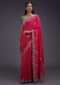 Coral Pink Saree With Zardozi Embroidered Buttis And Contrasting Sage Green Blouse Online - Kalki Fashion