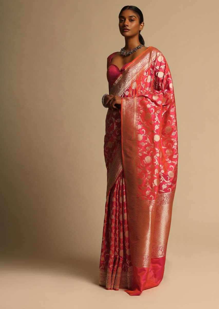 Coral Pink Two Toned Banarasi Saree In Pure Handloom Silk With Woven Floral Jaal And Floral Border Along With Unstitched Blouse Piece