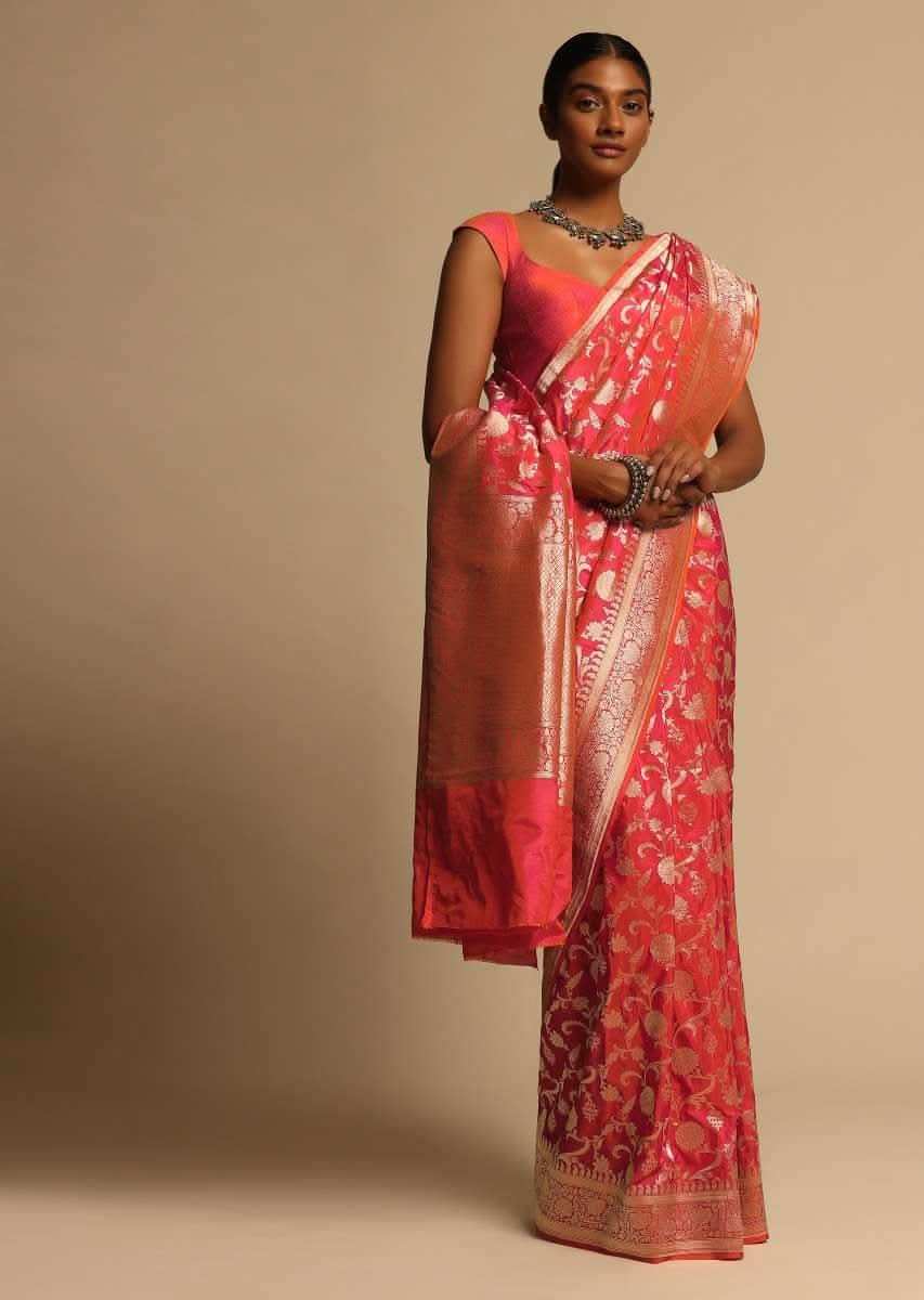 Coral Pink Two Toned Banarasi Saree In Pure Handloom Silk With Woven Floral Jaal And Floral Border Along With Unstitched Blouse Piece