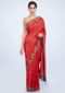 Coral red dupion silk saree with floral resham embroidered butti and border only on kalki