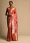 Coral Two Toned Banarasi Saree In Pure Handloom Silk With Woven Floral Jaal And Chevron Border Along With Unstitched Blouse Piece