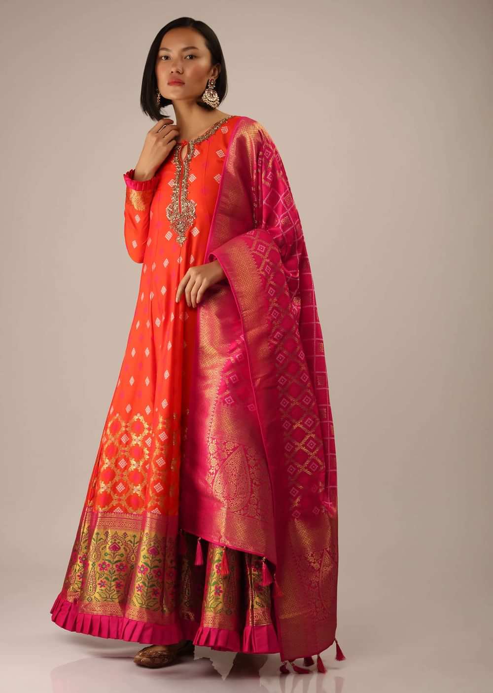 Coral Anarkali Suit In Brocade Silk With Woven Buttis And Zardosi Embroidery