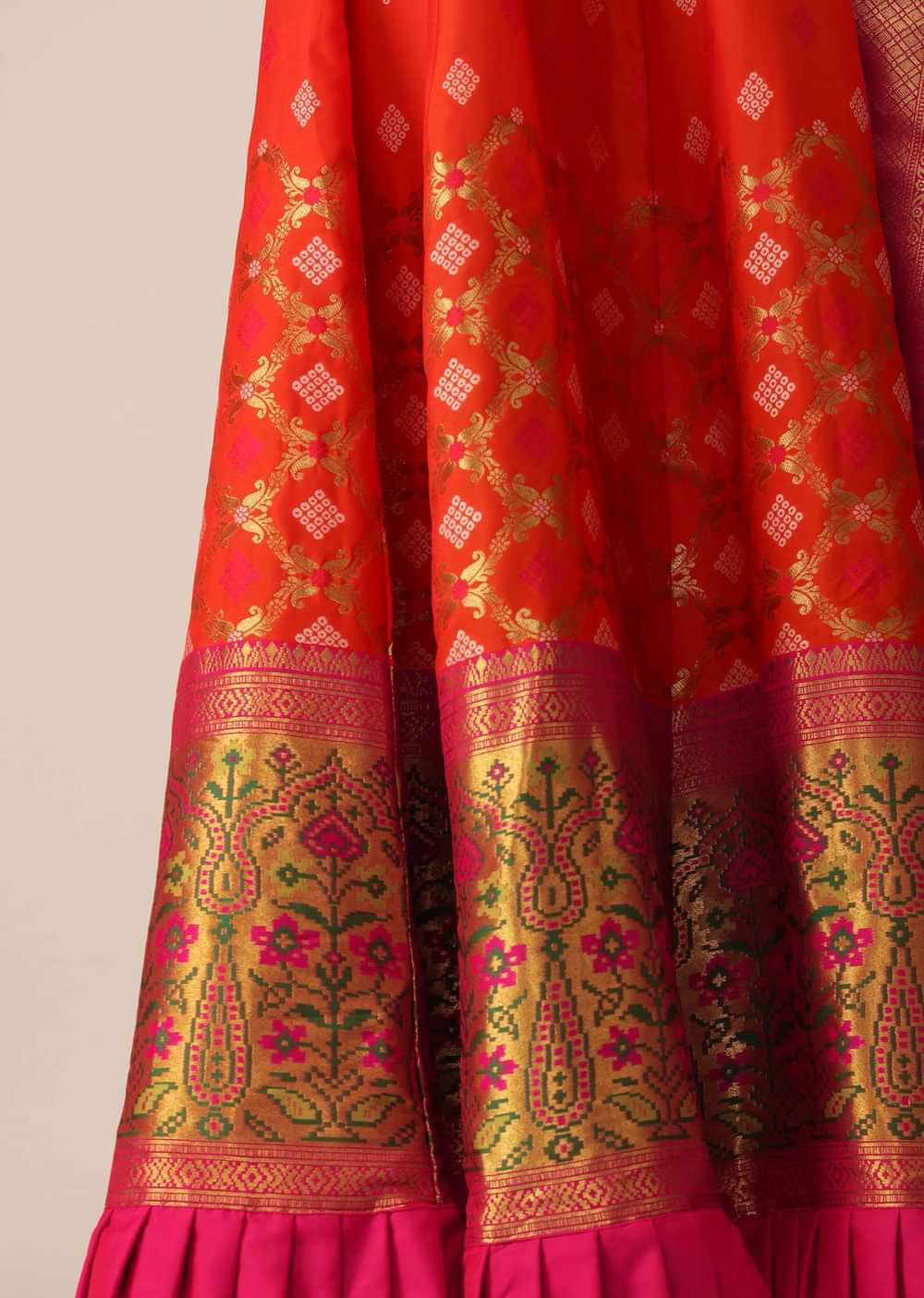 Coral Anarkali Suit In Brocade Silk With Woven Buttis And Zardosi Embroidery
