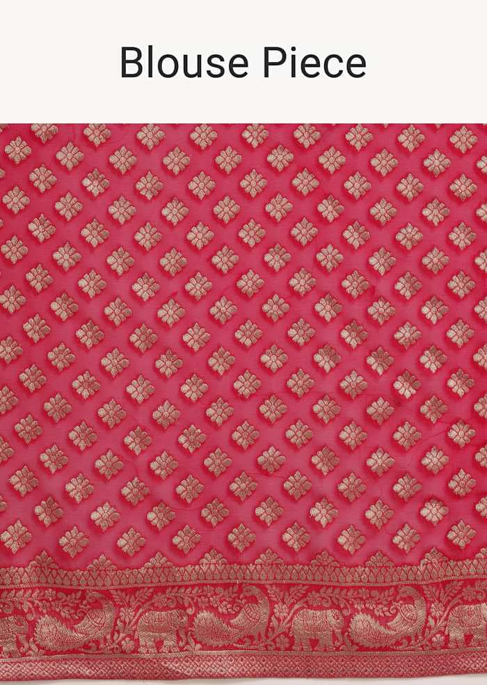 Coral Khaddi Georgette Saree With Zari Jaal Bandhani Weave And Unstitched Blouse
