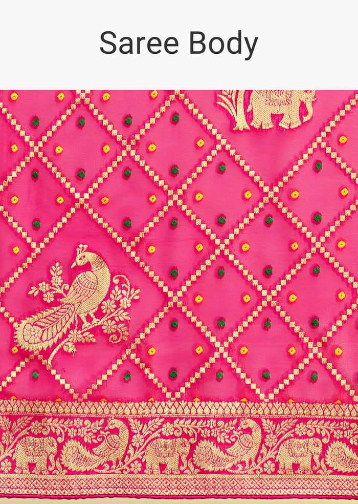 Coral Khaddi Georgette Saree With Zari Jaal Bandhani Weave And Unstitched Blouse