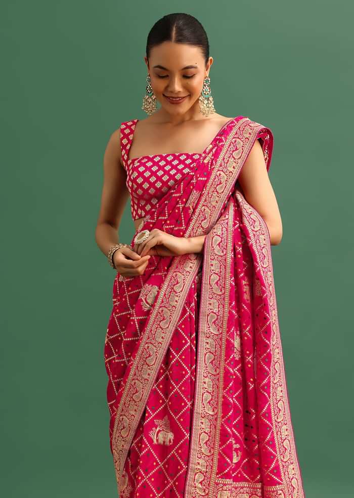 Coral Khaddi Georgette Saree With Zari Jaal Bandhani Weave And Unstitched Blouse