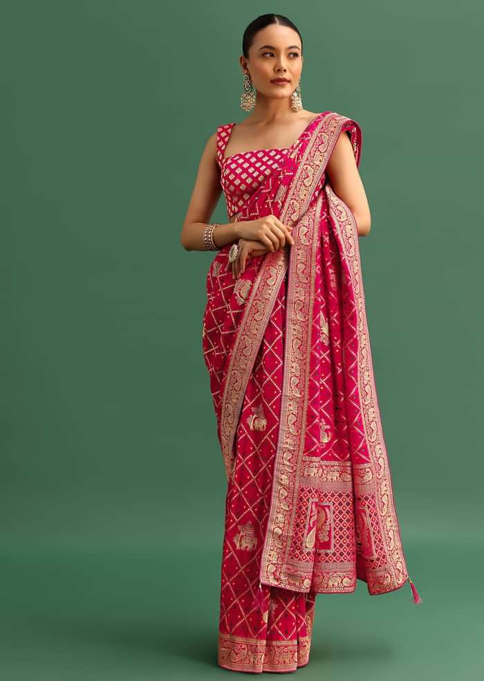 Coral Khaddi Georgette Saree With Zari Jaal Bandhani Weave And Unstitched Blouse