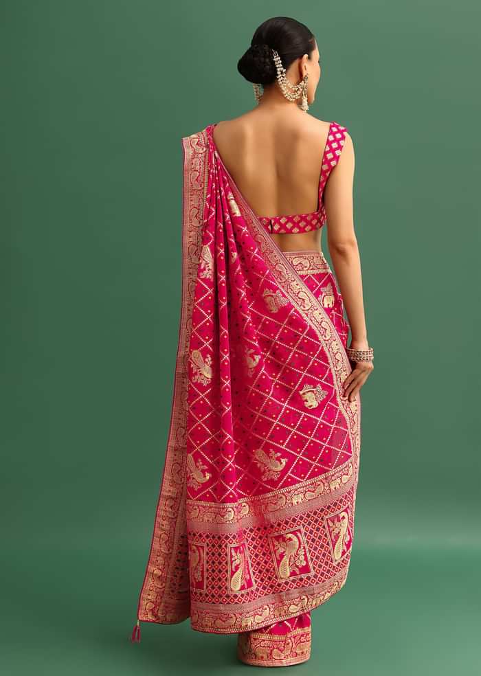 Coral Khaddi Georgette Saree With Zari Jaal Bandhani Weave And Unstitched Blouse