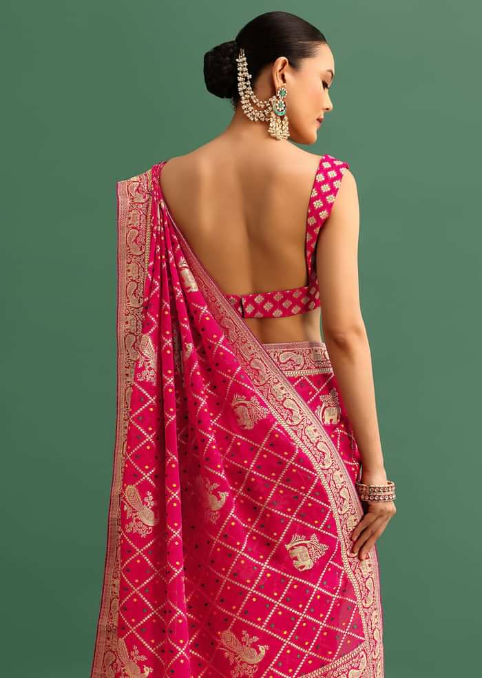 Coral Khaddi Georgette Saree With Zari Jaal Bandhani Weave And Unstitched Blouse