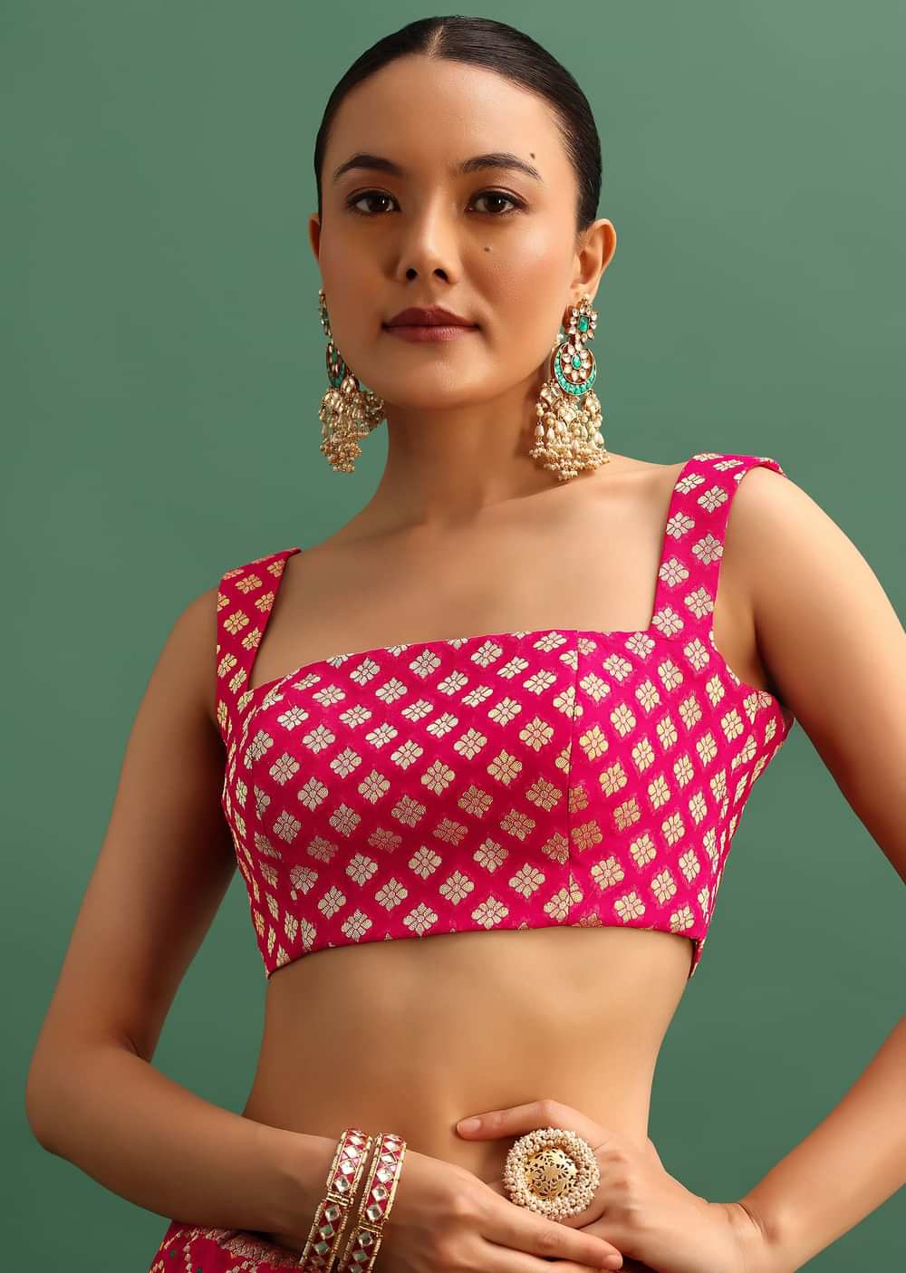Coral Khaddi Georgette Saree With Zari Jaal Bandhani Weave And Unstitched Blouse