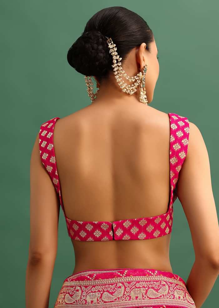 Coral Khaddi Georgette Saree With Zari Jaal Bandhani Weave And Unstitched Blouse