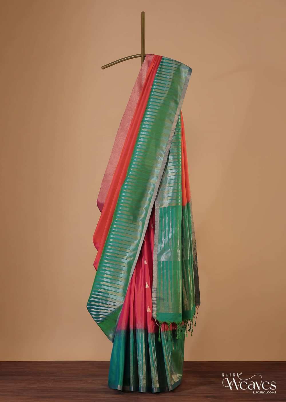 Coral Orange And Jade Green Silk Saree With Zari Weave And Unstitched Blouse