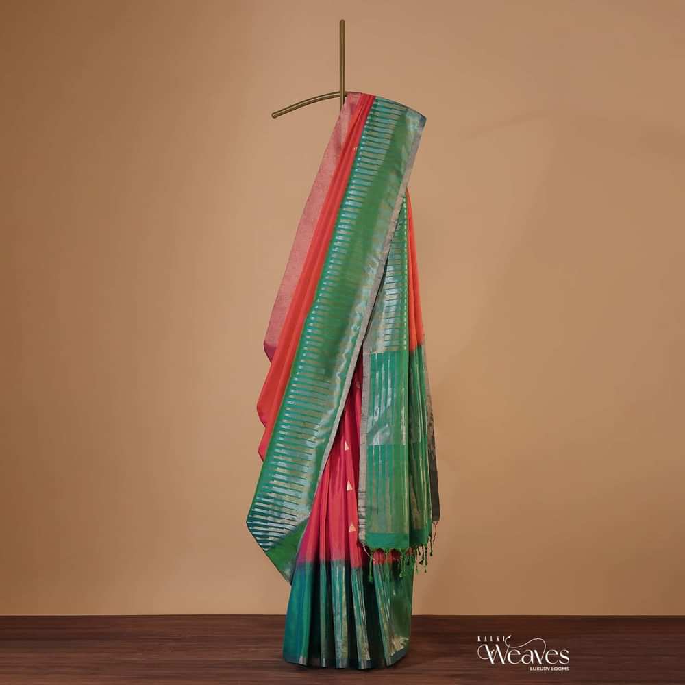 Coral Orange And Jade Green Silk Saree With Zari Weave And Unstitched Blouse
