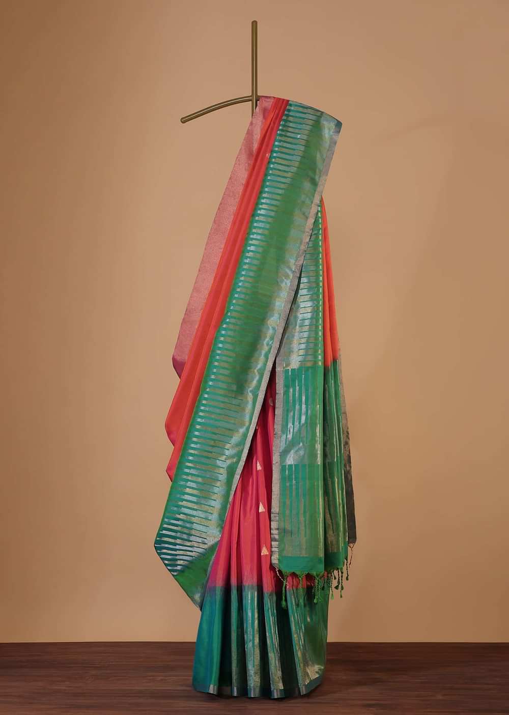 Coral Orange And Jade Green Silk Saree With Zari Weave And Unstitched Blouse