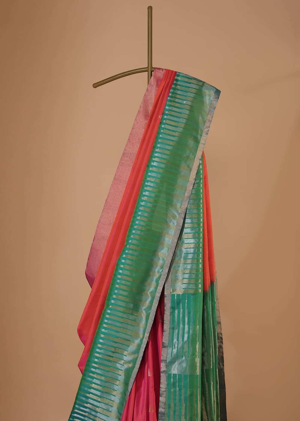 Coral Orange And Jade Green Silk Saree With Zari Weave And Unstitched Blouse