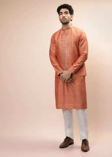 Coral Peach Nehru Jacket And Kurta Set With Resham And Mirror Embroidered Buttis And Stripe Design