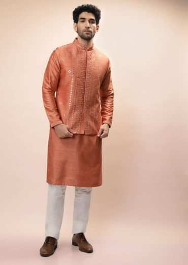Coral Peach Nehru Jacket And Kurta Set With Resham And Mirror Embroidered Buttis And Stripe Design
