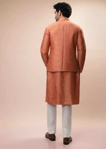Coral Peach Nehru Jacket And Kurta Set With Resham And Mirror Embroidered Buttis And Stripe Design