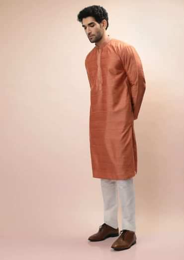 Coral Peach Nehru Jacket And Kurta Set With Resham And Mirror Embroidered Buttis And Stripe Design