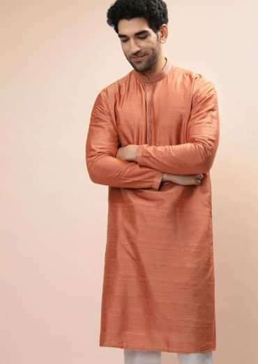 Coral Peach Nehru Jacket And Kurta Set With Resham And Mirror Embroidered Buttis And Stripe Design