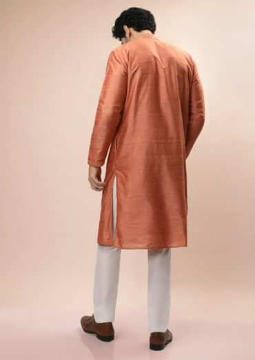 Coral Peach Nehru Jacket And Kurta Set With Resham And Mirror Embroidered Buttis And Stripe Design