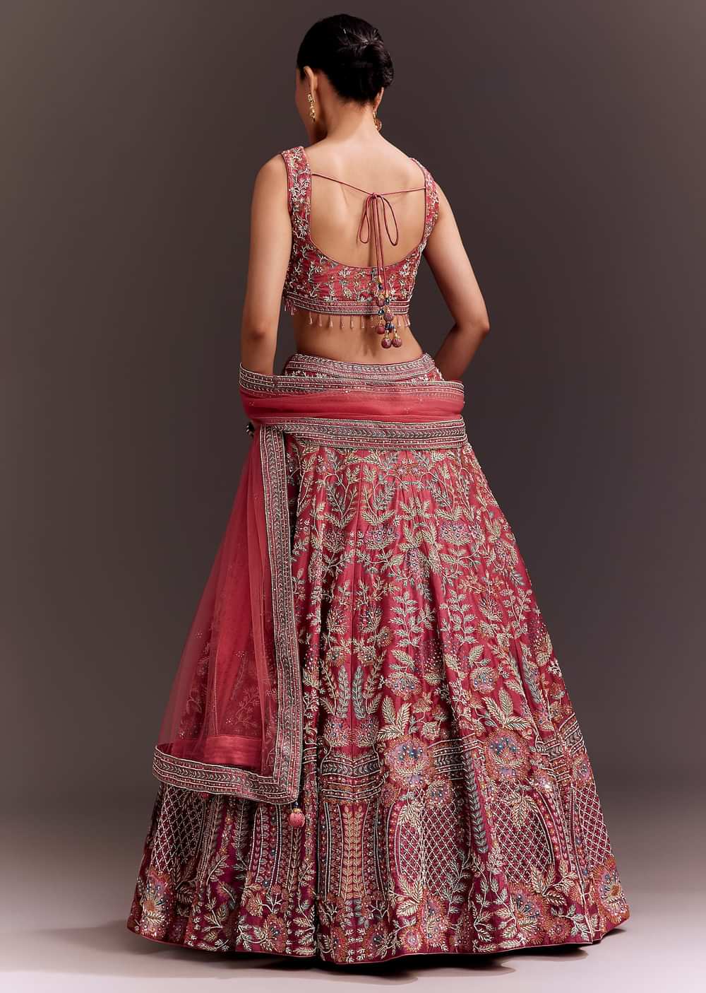 Coral Pink Embroidered Lehenga Set With Net Dupatta