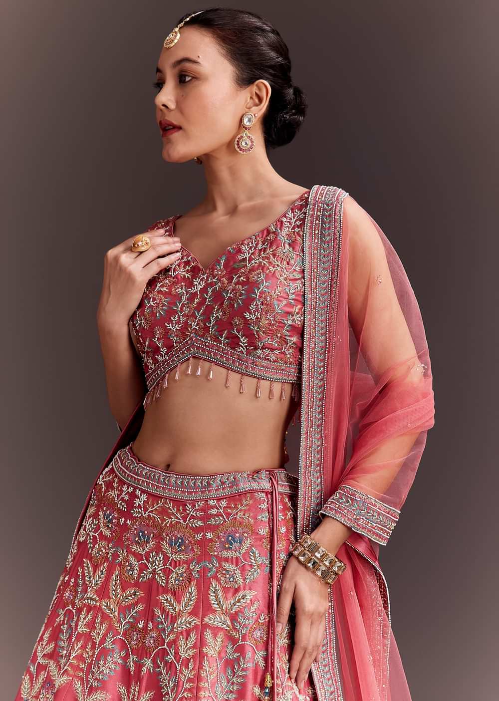 Coral Pink Embroidered Lehenga Set With Net Dupatta