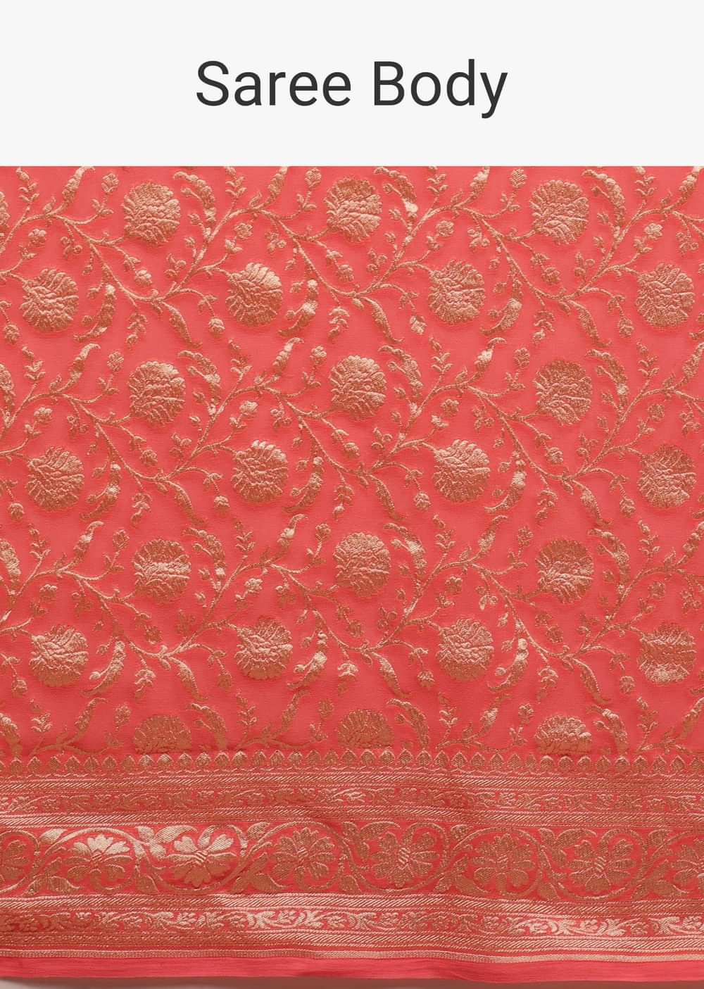 Coral Pink Saree In A Traditional Silhouette In Georgette With Floral Jaal Work