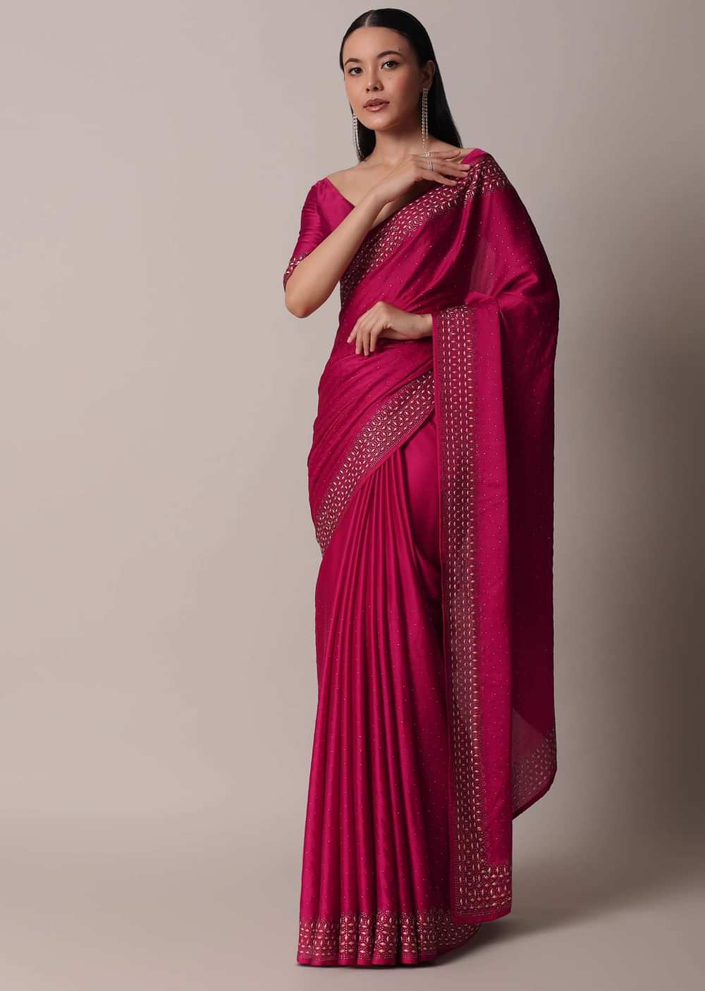 Coral Saree In Satin With Gold Embellishments And Unstitched Blouse Piece