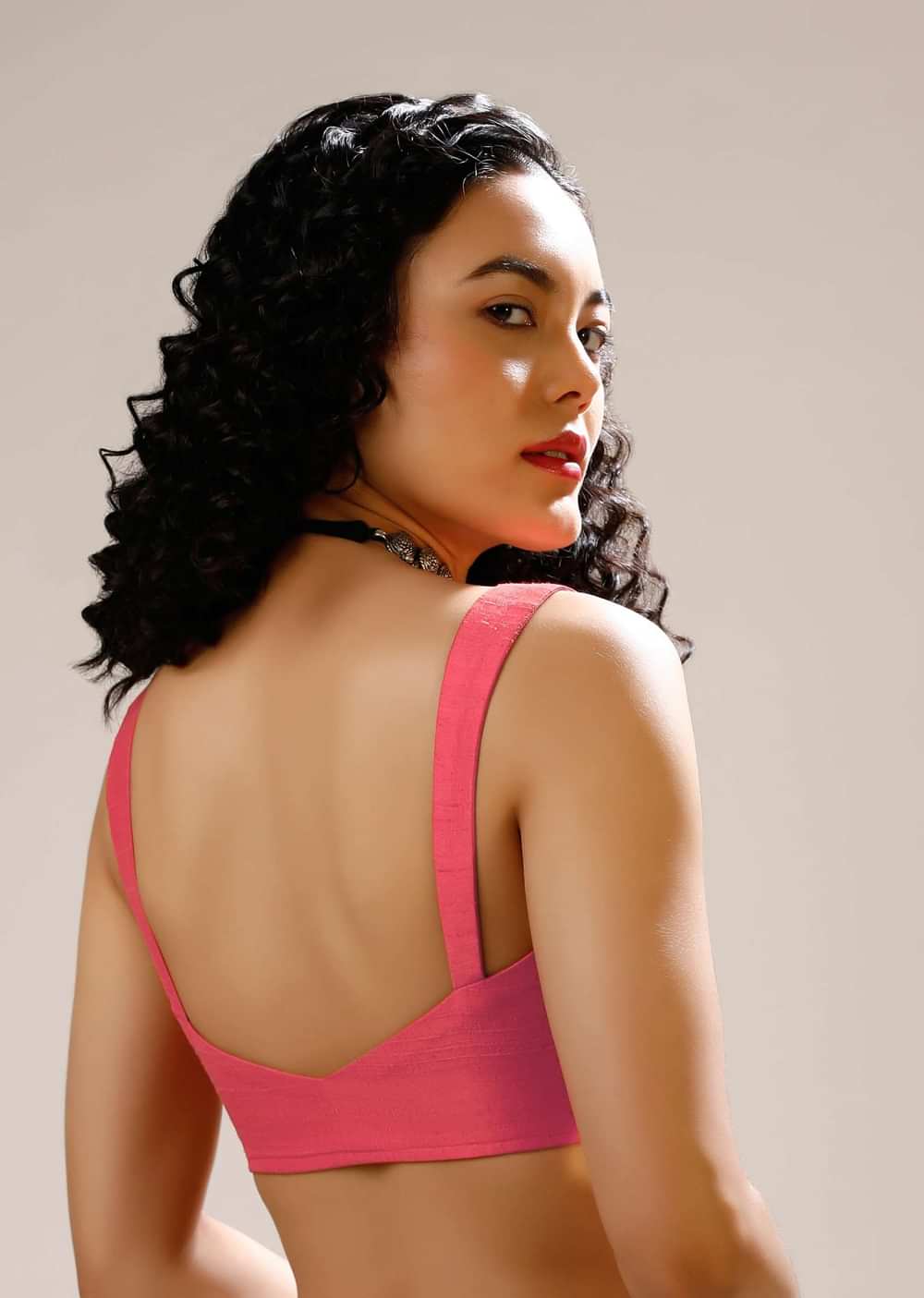 Coral Sleeveless Blouse In Raw Silk With Corset Neckline And Straps On The Shoulder