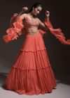 Coral Tiered Skirt And Crop Top With Cutdana Embellished Floral Blossoms And Ruffle Dupatta