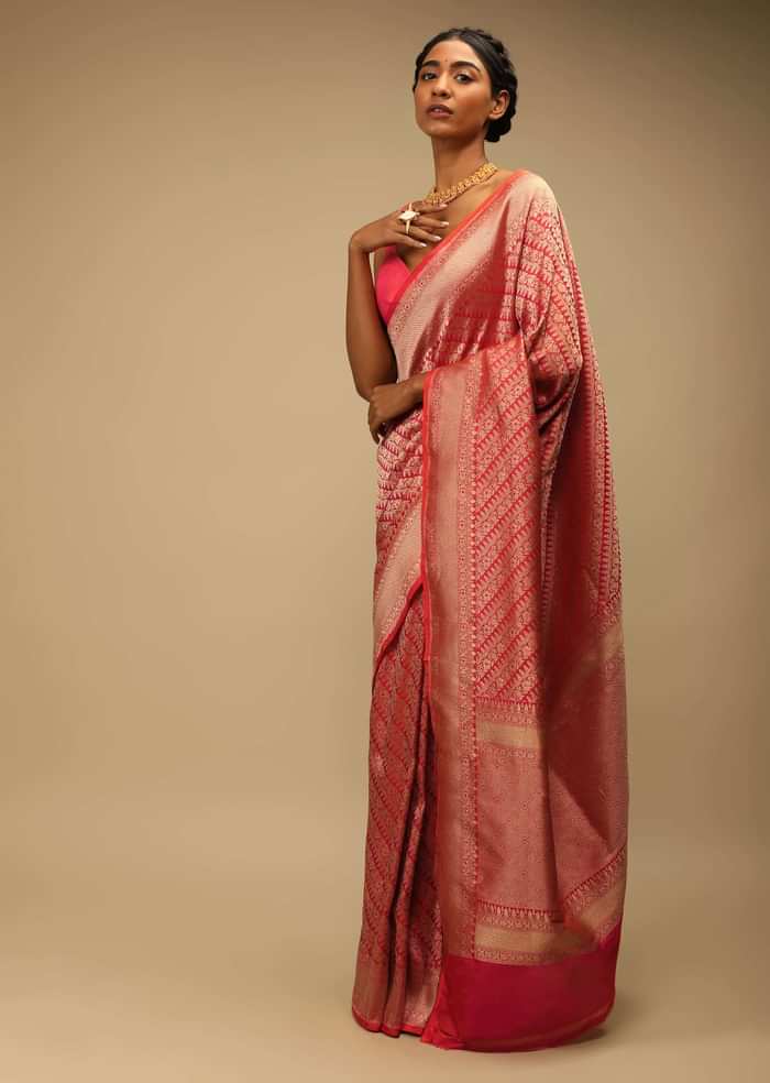 Coral Two Toned Saree In Pure Handloom Silk With Woven Floral Design In Diagonal Pattern